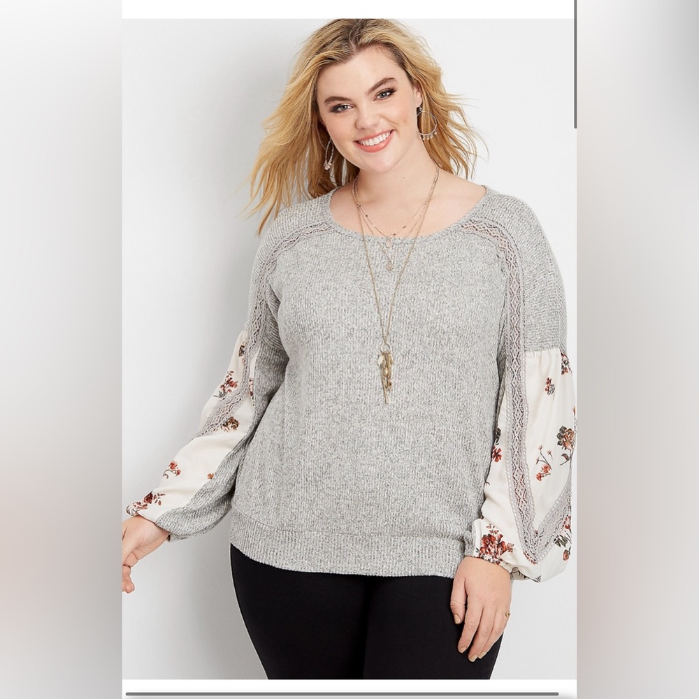 Maurices Banded Hem Floral & Lace Sleeve Top